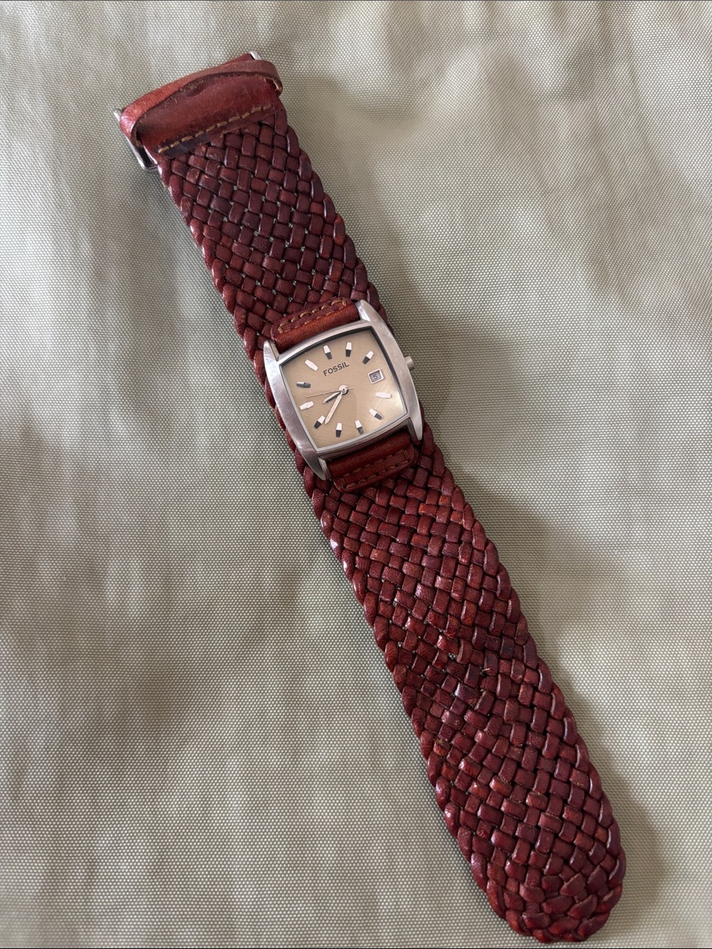 Vintage Fossil Watch, Braided / Woven Brown Leather with Silver Frame